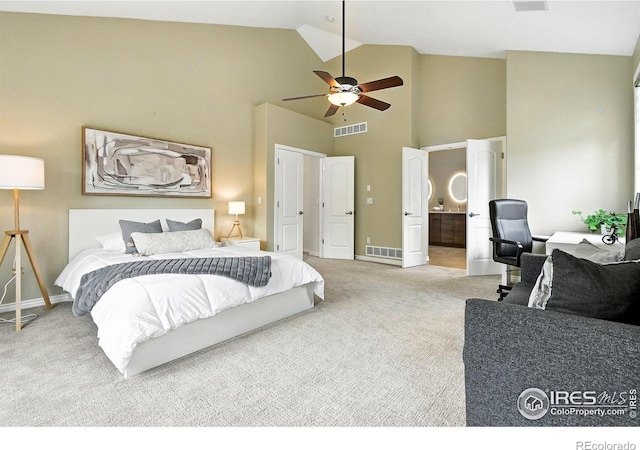4332 Clay Commons Ct, Boulder, CO 80303 - bedroom with carpet, high vaulted ceiling, ensuite bath, a ceiling fan, and a desk