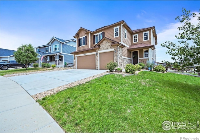 12648 Canoe St, Firestone, CO 80504 - craftsman-style home featuring stone siding, an attached garage, and driveway