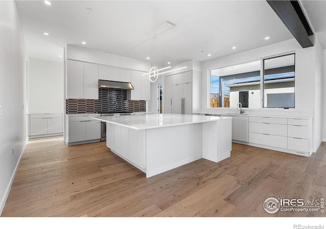 2145 Vine Ave, Boulder, CO 80304 - kitchen featuring modern cabinets, white cabinetry, light wood finished floors, and recessed lighting