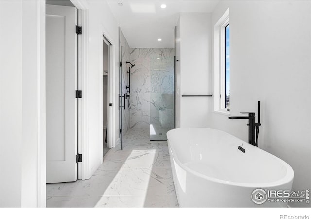 2145 Vine Ave, Boulder, CO 80304 - full bathroom featuring a marble finish shower, marble tiled flooring, a freestanding tub, and recessed lighting