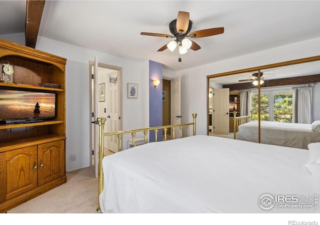 1620 Bradley Ct, Boulder, CO 80305 - bedroom with light carpet, ceiling fan, and beamed ceiling