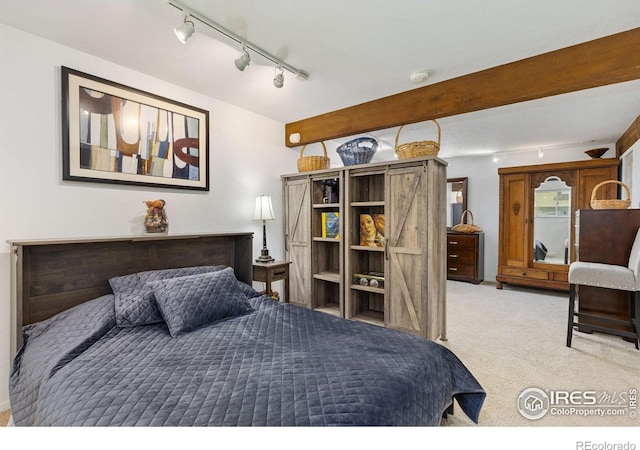 1620 Bradley Ct, Boulder, CO 80305 - bedroom with light carpet, rail lighting, and beamed ceiling