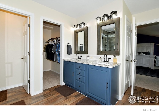 405 Ridgeview Ct, Johnstown, CO 80534 - bathroom featuring wood finished floors, double vanity, a walk in closet, and connected bathroom