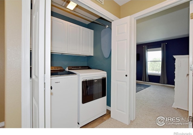 405 Ridgeview Ct, Johnstown, CO 80534 - laundry room featuring cabinet space, independent washer and dryer, and light colored carpet