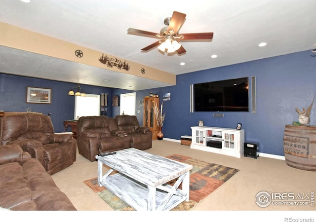 405 Ridgeview Ct, Johnstown, CO 80534 - living area featuring carpet floors, ceiling fan, and recessed lighting