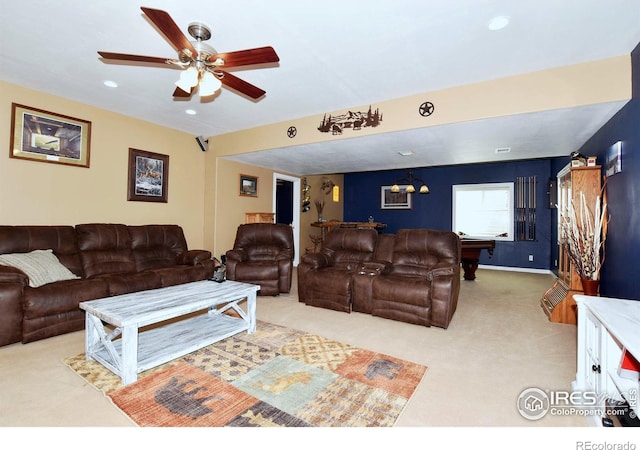405 Ridgeview Ct, Johnstown, CO 80534 - living room with light colored carpet, a ceiling fan, and recessed lighting