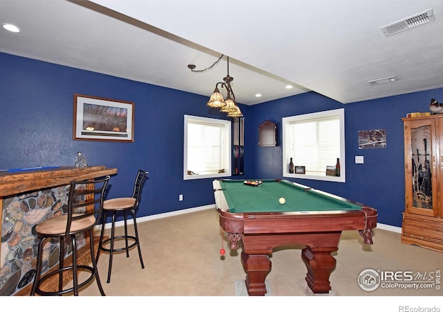 405 Ridgeview Ct, Johnstown, CO 80534 - game room featuring carpet flooring, billiards table, plenty of natural light, a dry bar, and recessed lighting