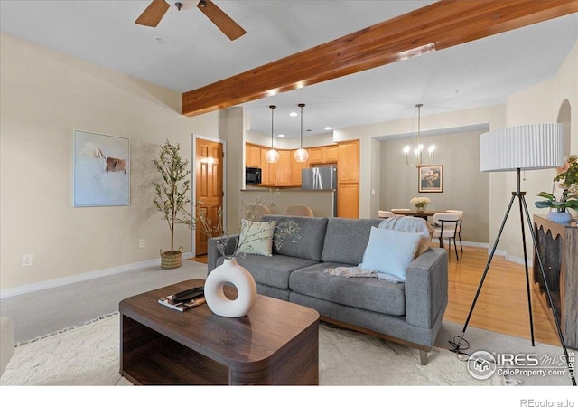 5220 Boardwalk Dr Unit 22, Fort Collins, CO 80525 - living room with ceiling fan, a chandelier, beamed ceiling, and recessed lighting