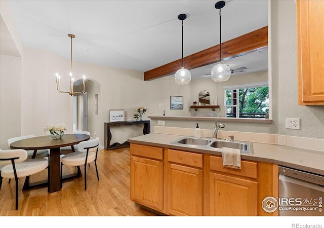 5220 Boardwalk Dr Unit 22, Fort Collins, CO 80525 - kitchen featuring dishwasher, beam ceiling, light wood-style flooring, light countertops, and hanging light fixtures