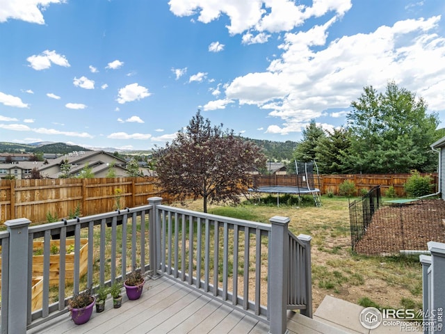 1695 Gray Hawk Ct, Estes Park, CO 80517 - wooden deck with a trampoline and a fenced backyard