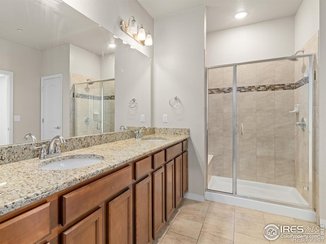 3038 County Fair Ln Unit 1, Fort Collins, CO 80528 - full bath with double vanity, tile patterned flooring, and a shower stall