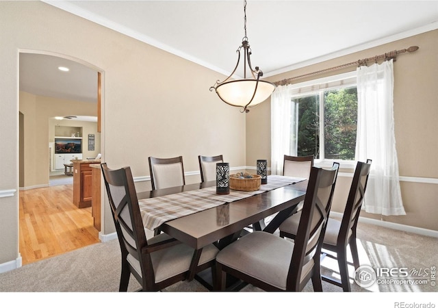 8119 Lighthouse Ln, Windsor, CO 80528 - dining space with arched walkways, light carpet, and crown molding