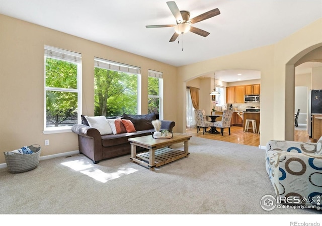 8119 Lighthouse Ln, Windsor, CO 80528 - living area with arched walkways, light carpet, and ceiling fan