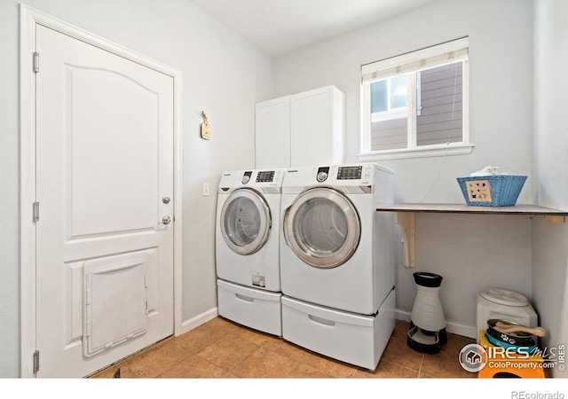 8119 Lighthouse Ln, Windsor, CO 80528 - laundry area with cabinet space, washing machine and clothes dryer, and light tile patterned flooring