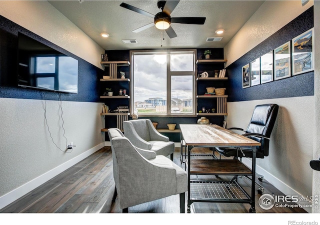 265 High Point Dr Unit 202, Longmont, CO 80504 - office with a textured wall, a ceiling fan, wood finished floors, and a textured ceiling