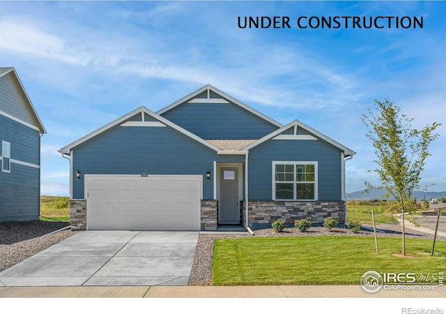 4808 Lynxes Way, Johnstown, CO 80534 - craftsman inspired home with stone siding, a garage, concrete driveway, and a front yard