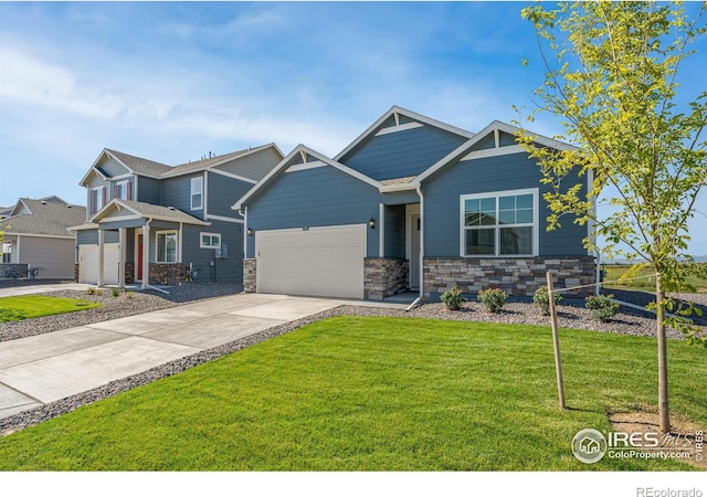 4808 Lynxes Way, Johnstown, CO 80534 - craftsman-style house featuring driveway, a front lawn, stone siding, and a garage