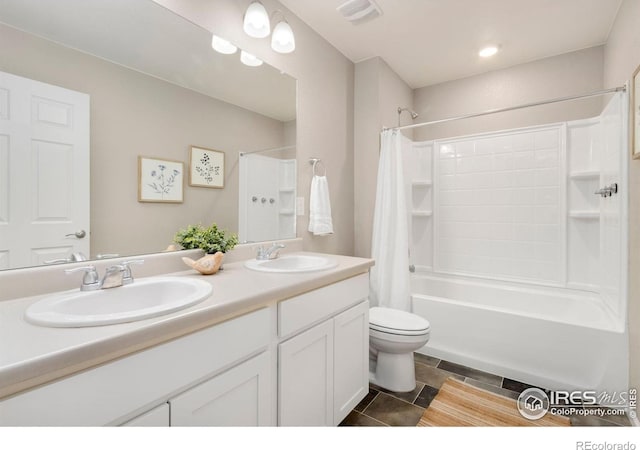 6818 Whisper Trail Ln, Wellington, CO 80549 - bathroom featuring double vanity, shower / bath combination with curtain, and tile patterned flooring
