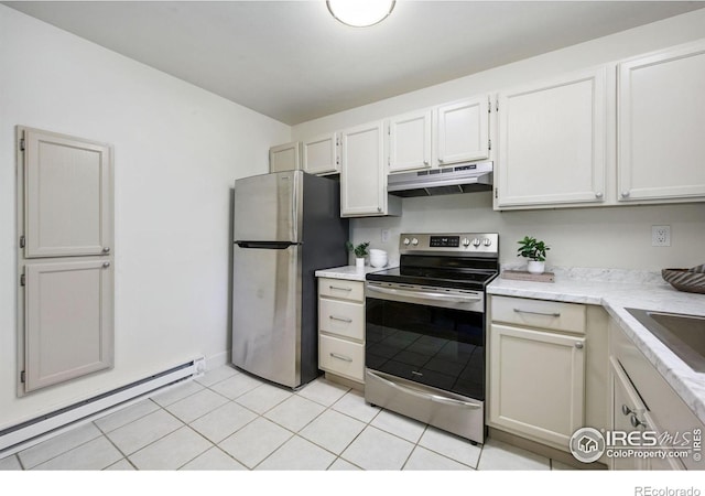 3465 Lochwood Dr Unit N-61, Fort Collins, CO 80525 - kitchen with stainless steel appliances, under cabinet range hood, baseboard heating, and light tile patterned flooring