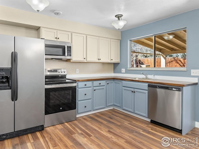 18931 E Brunswick Pl, Aurora, CO 80013 - kitchen featuring appliances with stainless steel finishes, butcher block countertops, dark wood-style floors, and white cabinetry