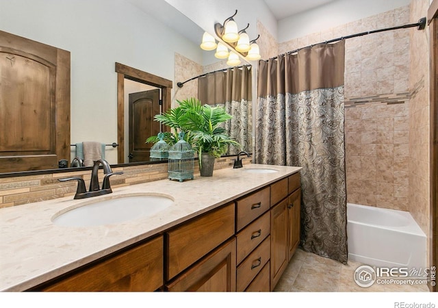 973 Skipping Stone Ct, Timnath, CO 80547 - full bath with double vanity, shower / bath combination with curtain, and tile patterned flooring
