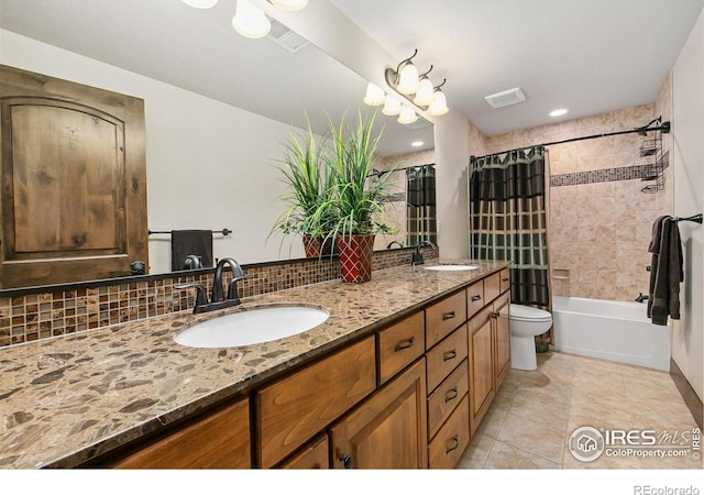 973 Skipping Stone Ct, Timnath, CO 80547 - bathroom featuring double vanity, tasteful backsplash, shower / tub combo, and tile patterned floors