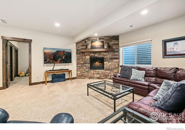 973 Skipping Stone Ct, Timnath, CO 80547 - living area with carpet, a stone fireplace, and recessed lighting