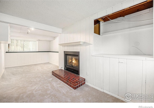 3066 W 134th Ct, Broomfield, CO 80020 - unfurnished living room with a glass covered fireplace, carpet floors, a textured ceiling, and wood walls