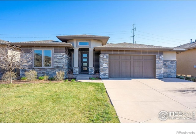 6928 Summerwind Ct, Timnath, CO 80547 - prairie-style home featuring stone siding, an attached garage, a front yard, driveway, and stucco siding