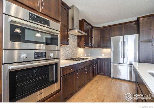6928 Summerwind Ct, Timnath, CO 80547 - kitchen featuring stainless steel appliances, wall chimney range hood, light wood-style flooring, and light countertops