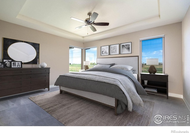 6928 Summerwind Ct, Timnath, CO 80547 - bedroom with a raised ceiling, carpet, and a ceiling fan