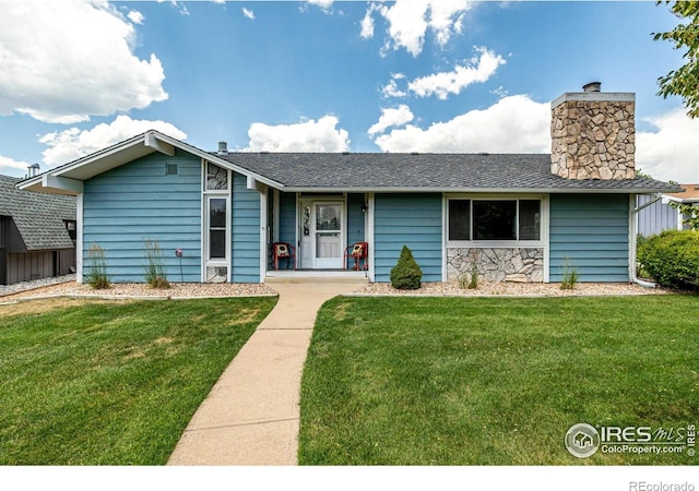 14 Douglas Dr N, Broomfield, CO 80020 - single story home with a chimney, a front yard, and a shingled roof