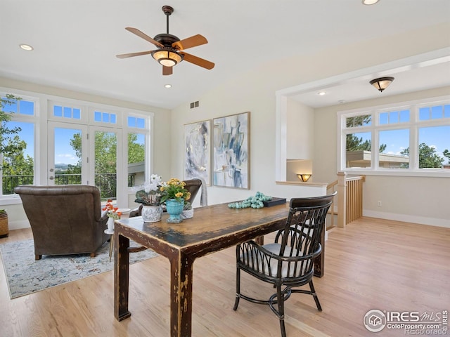 2695 Stanford Ave, Boulder, CO 80305 - dining room with light wood finished floors, recessed lighting, a ceiling fan, and vaulted ceiling