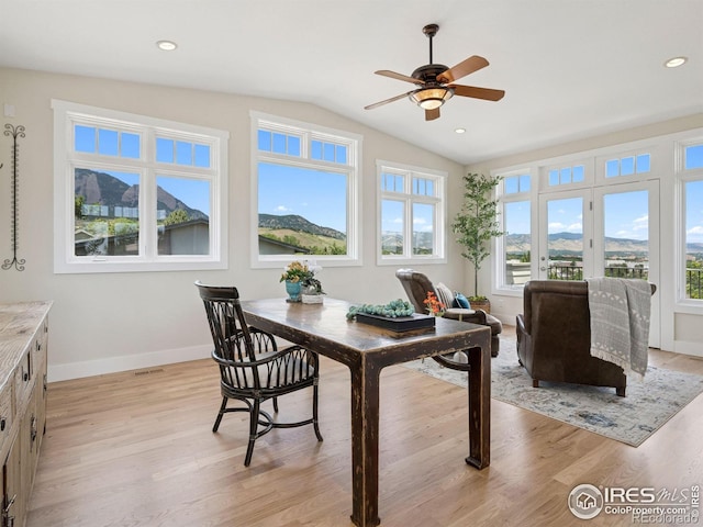 2695 Stanford Ave, Boulder, CO 80305 - dining space featuring plenty of natural light, lofted ceiling, light wood-style flooring, ceiling fan, and recessed lighting