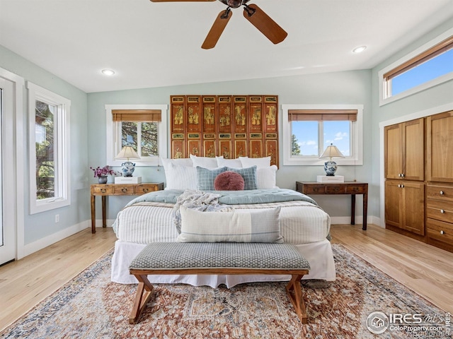 2695 Stanford Ave, Boulder, CO 80305 - bedroom with lofted ceiling, light wood-type flooring, a ceiling fan, and recessed lighting