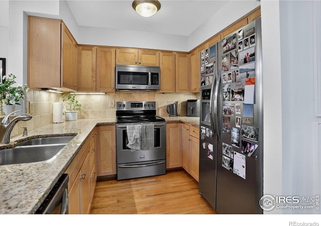 2954 Kalmia Ave # 34, Boulder, CO 80301 - kitchen with appliances with stainless steel finishes, decorative backsplash, light stone countertops, and light wood finished floors