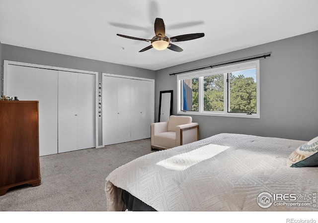 2954 Kalmia Ave # 34, Boulder, CO 80301 - bedroom with two closets, carpet, and ceiling fan