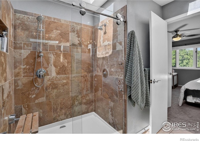 2954 Kalmia Ave # 34, Boulder, CO 80301 - full bathroom featuring connected bathroom, a stall shower, and a ceiling fan