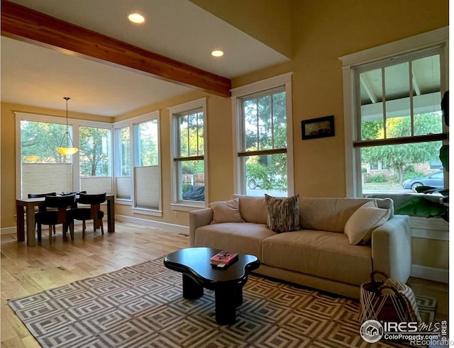 2204 Pine St, Boulder, CO 80302 - living area featuring beamed ceiling, light wood-type flooring, and recessed lighting