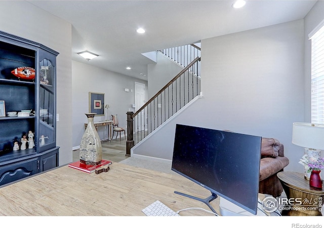 16021 Williams Pl, Broomfield, CO 80023 - dining space with wood finished floors, stairway, and recessed lighting