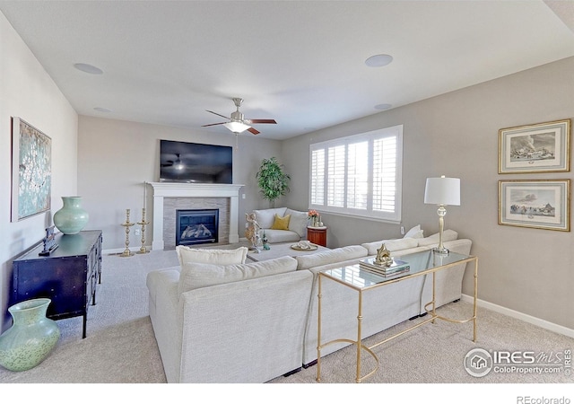 16021 Williams Pl, Broomfield, CO 80023 - carpeted living area with a ceiling fan and a glass covered fireplace