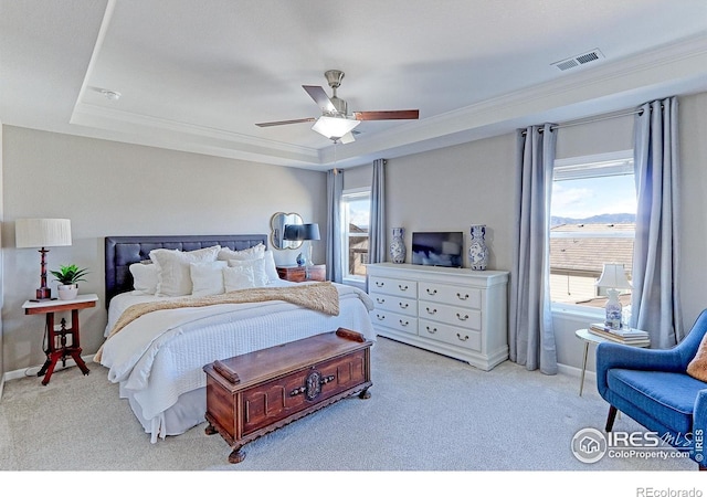 16021 Williams Pl, Broomfield, CO 80023 - bedroom with a tray ceiling, carpet flooring, crown molding, and a ceiling fan