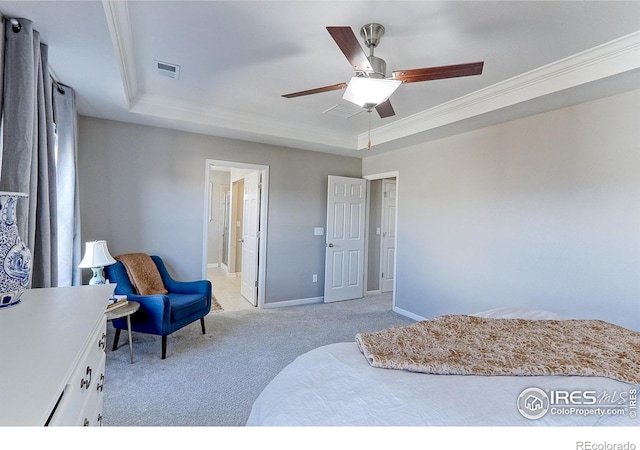 16021 Williams Pl, Broomfield, CO 80023 - bedroom featuring a tray ceiling, light carpet, ornamental molding, a ceiling fan, and ensuite bathroom