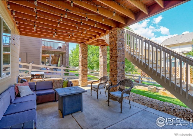 16021 Williams Pl, Broomfield, CO 80023 - view of patio / terrace featuring stairway, an outdoor living space, and a grill