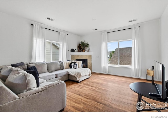 14700 E 104th Ave Unit 2605, Commerce City, CO 80022 - living room with light wood-type flooring and a fireplace