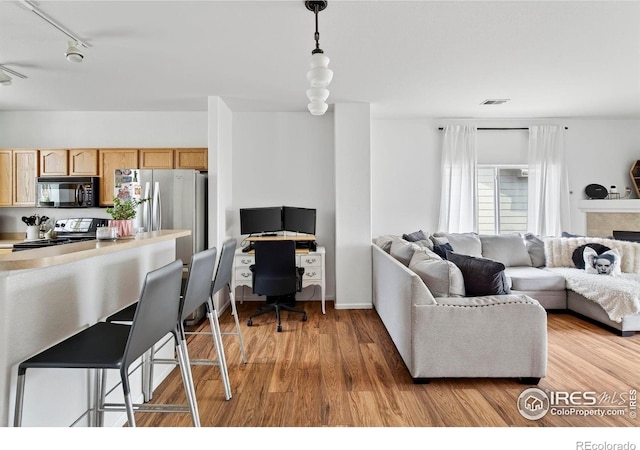 14700 E 104th Ave Unit 2605, Commerce City, CO 80022 - living area featuring light wood-type flooring and rail lighting