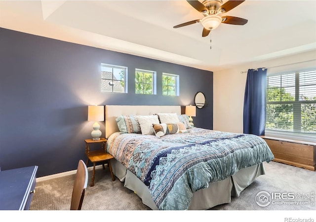 549 Jackson St, Lafayette, CO 80026 - bedroom featuring carpet, multiple windows, a tray ceiling, and ceiling fan