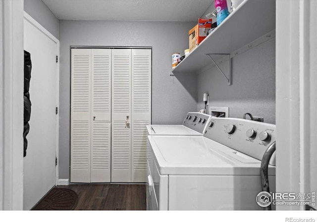 42 Scott Dr S, Broomfield, CO 80020 - washroom featuring washing machine and dryer and dark wood finished floors