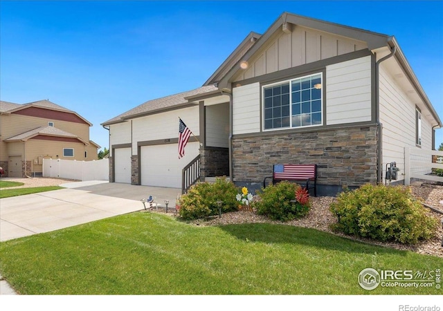 1520 Lake Vista Way, Severance, CO 80550 - craftsman-style house featuring stone siding, an attached garage, board and batten siding, and concrete driveway