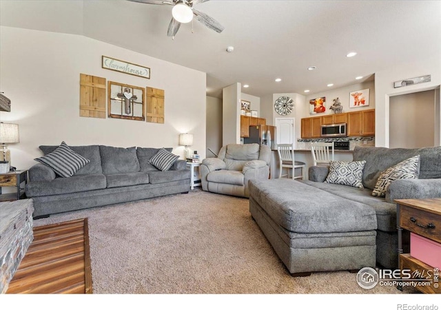 1520 Lake Vista Way, Severance, CO 80550 - living room with light carpet, ceiling fan, and recessed lighting